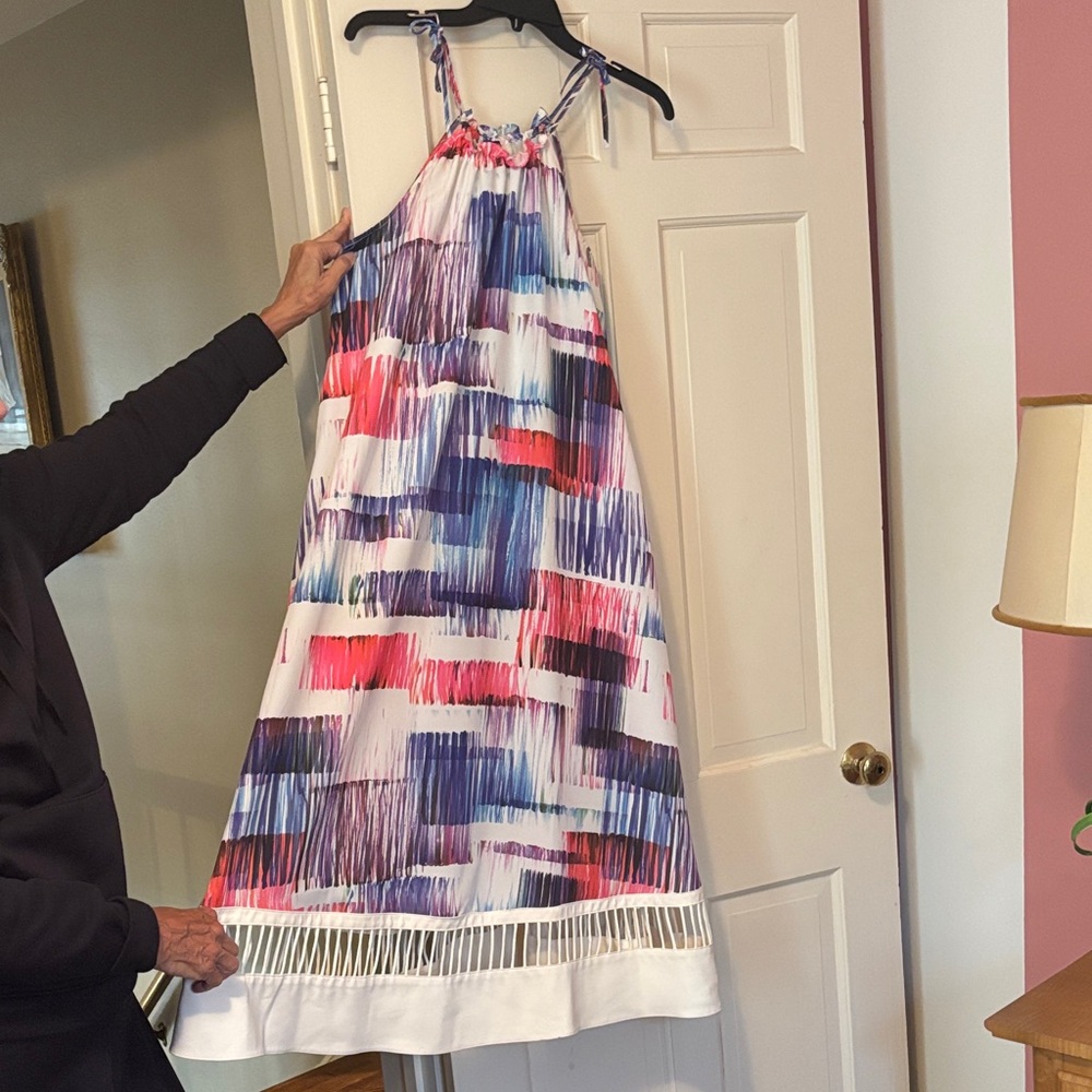 Anthropologie White Maxi Dress with Blue & Pink Abstract Brushprint